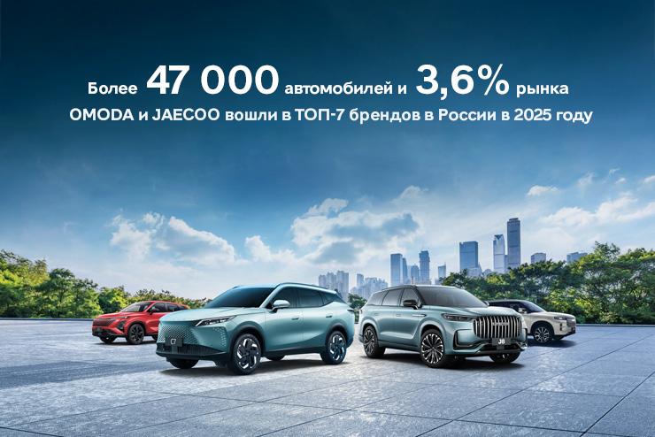 Более 47 000 автомобилей и 3,6% рынка: OMODA и JAECOO вошли в ТОП-7 брендов в России в 2025 году